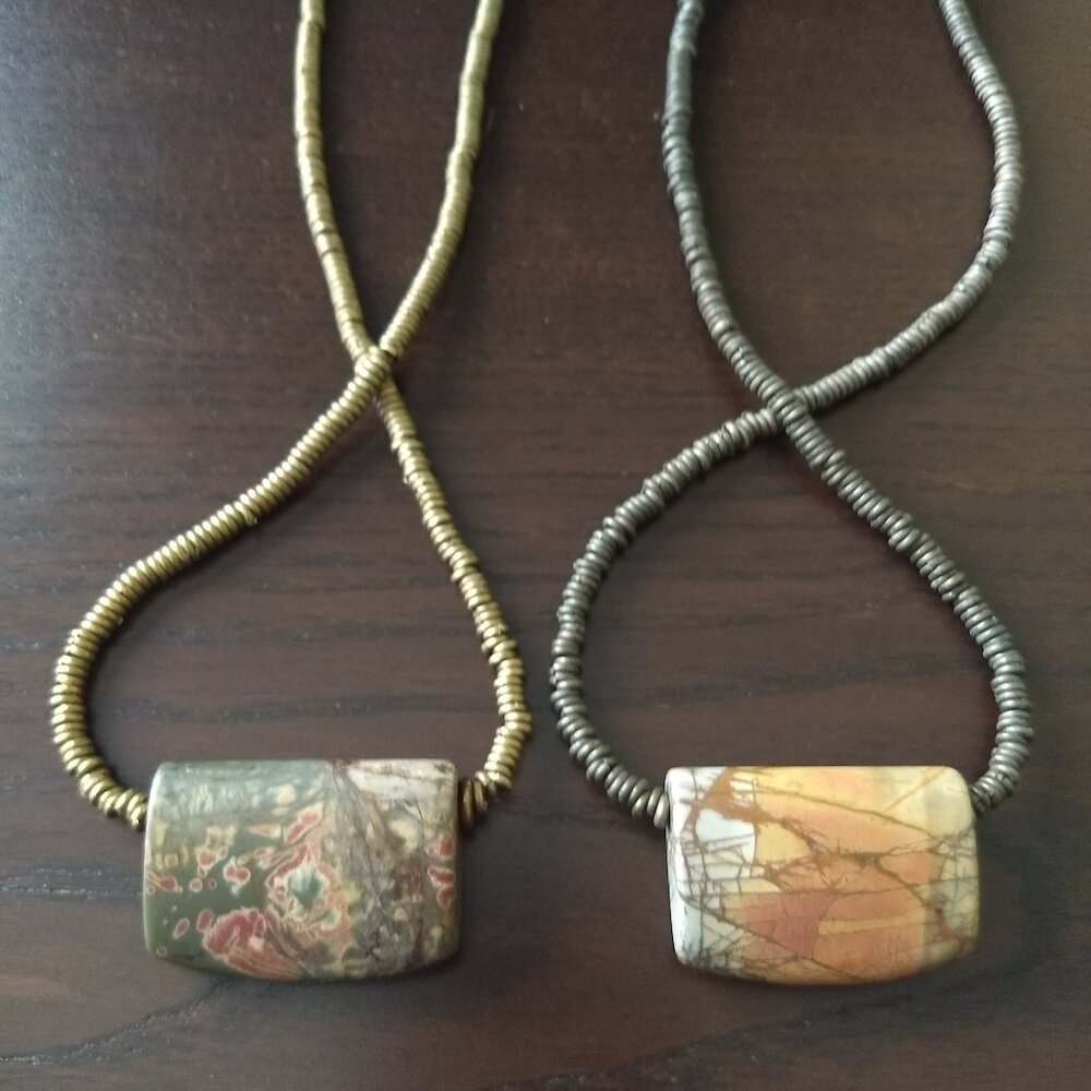 Rectangular Stone Pendant Beaded Necklaces Gold &… - image 7